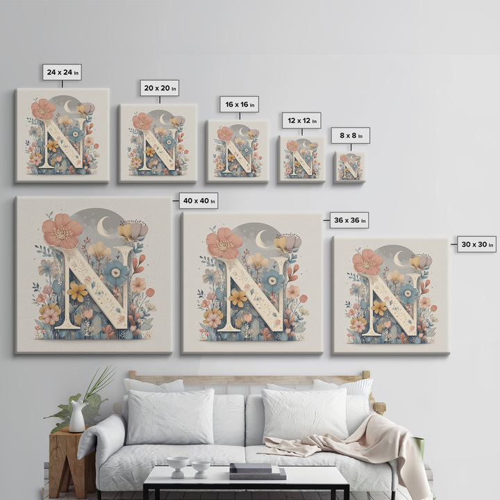 Soft Floral Initial Frame Without Letters Framed Canvas Print, Nursery Decor, Boy Nursery Decor, Fine Art, Nursery, NDE-1x1-58