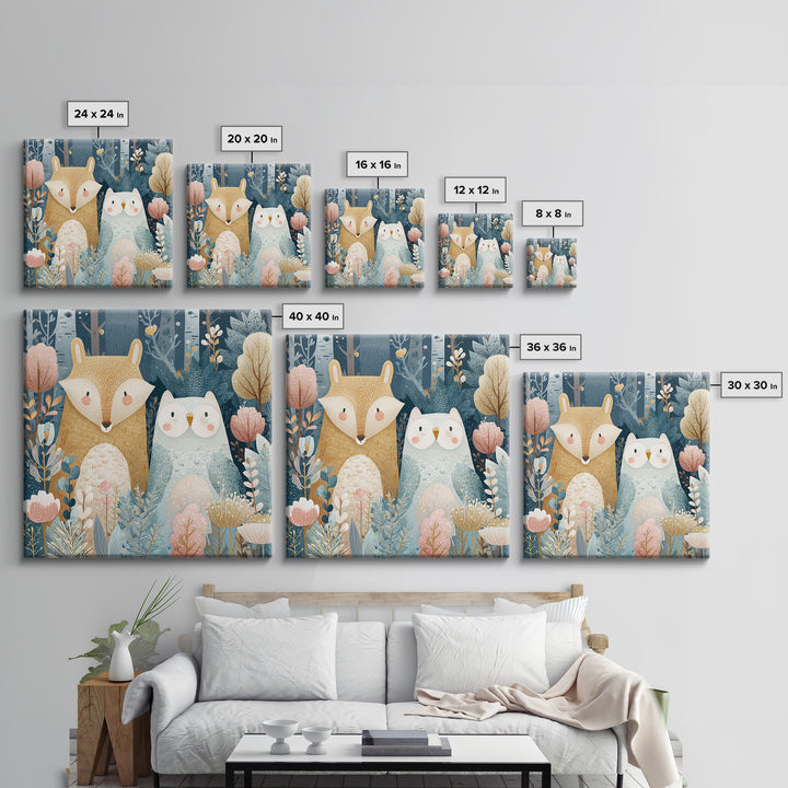 Fox and Owl Friends Framed Canvas Print, Nursery Decor, Gallery Decor, Fine Art, Nursery, Wall Art, Home Decor, Wall Decor, NDE-1x1-62
