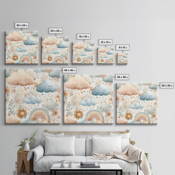 Cloud Rainbow and Raindrop Composition Framed Canvas Print, Nursery Decor, Wall Light, Fine Art, Nursery, Statement Artwork, NDE-1x1-68