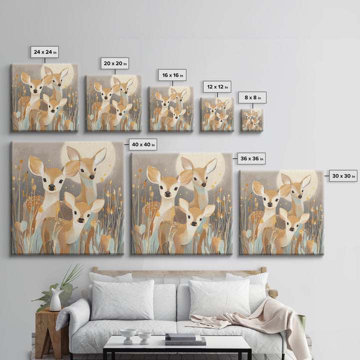 Baby Deer in Meadow with Fireflies Framed Canvas Print, Nursery Decor, Nursery Wall Decals, Oil Painting, Nursery, NDE-1x1-70