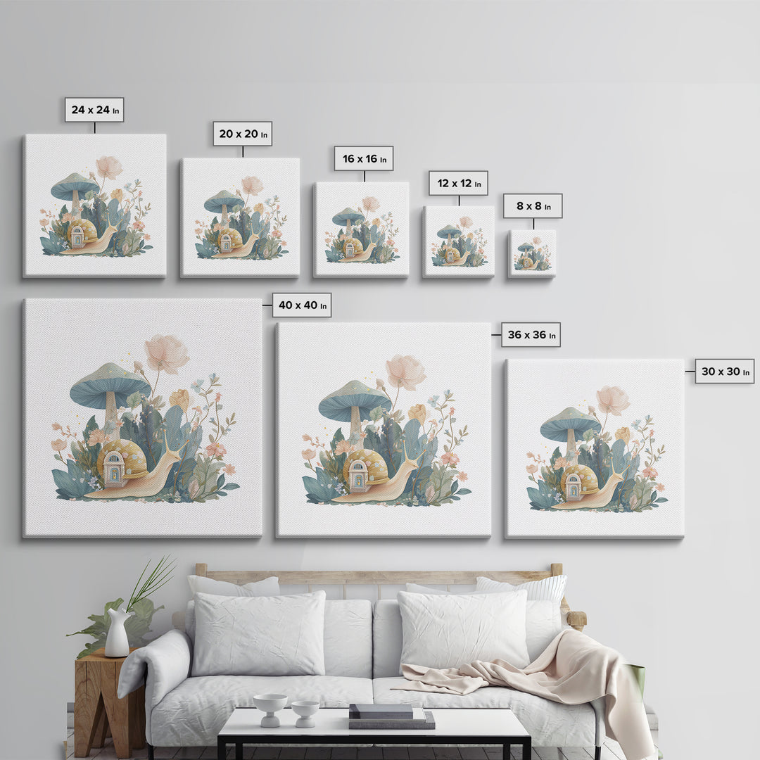 Garden Snail with Mushroom House Framed Canvas Print, Nursery Decor, Woodland Nursery, Watercolor Art, Nursery, NDE-1x1-71