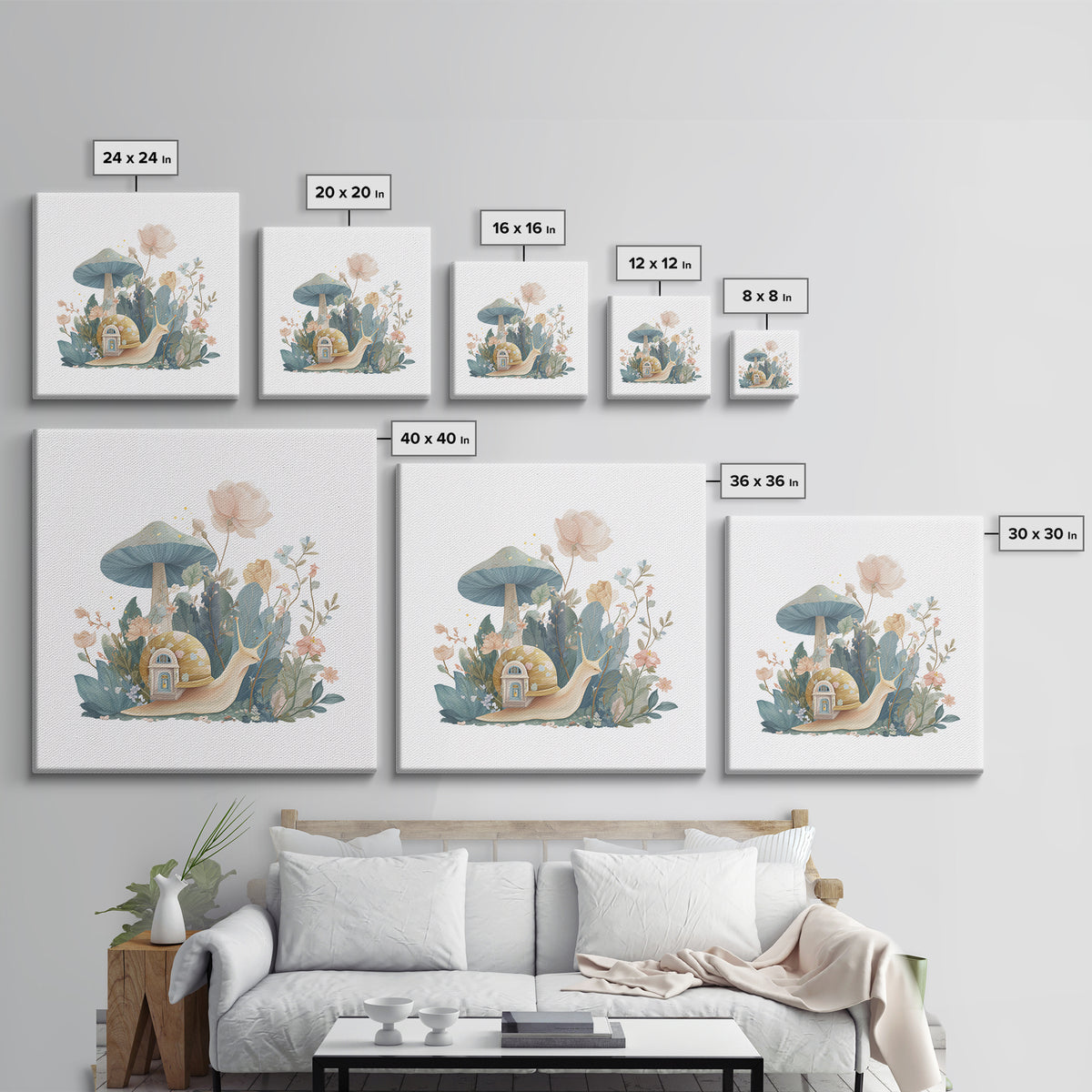 Garden Snail with Mushroom House Framed Canvas Print, Nursery Decor, Woodland Nursery, Watercolor Art, Nursery, NDE-1x1-71