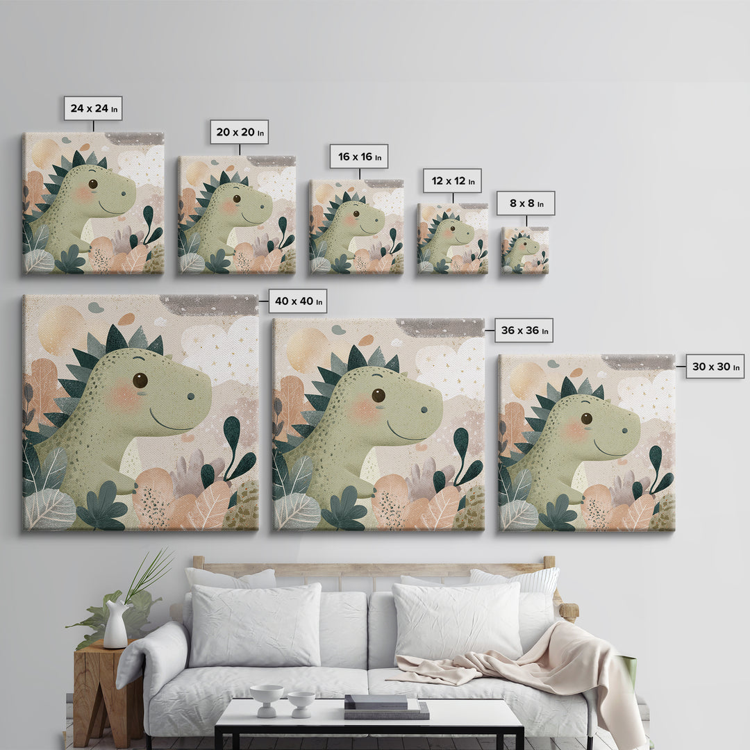 Gentle Dinosaur Family Framed Canvas Print, Nursery Decor, Boho Decor, Oil Painting, Nursery, Nursery Wall Art, Framed Wall Art, NDE-1x1-79