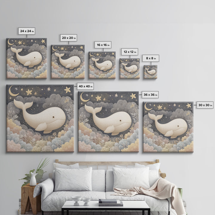 Baby Whale Swimming Through Stars Framed Canvas Print, Nursery Decor, Framed Wall Art, Fine Art, Nursery, Safari Nursery Decor, NDE-1x1-8