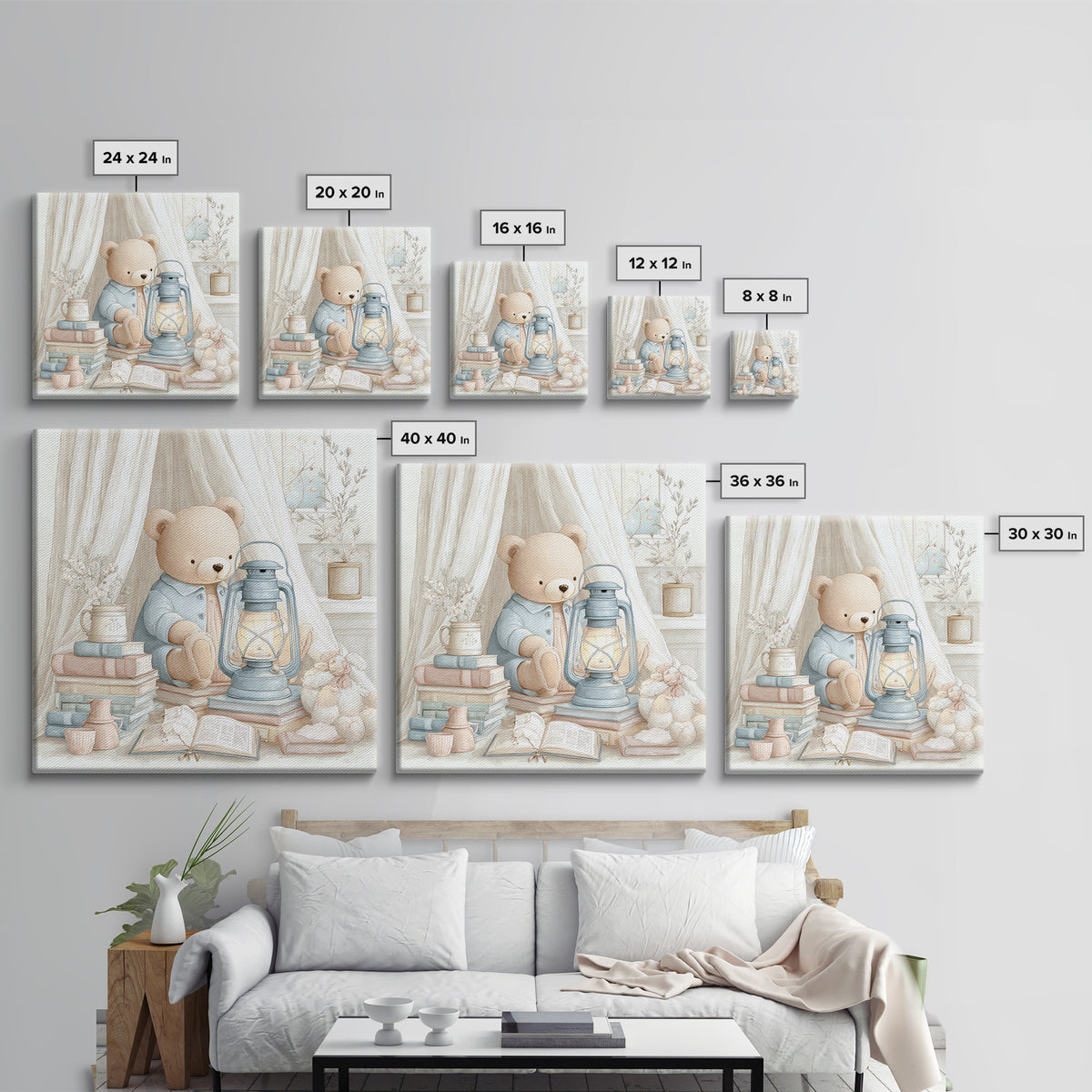 Storybook Bear with Little Lantern Canvas Print, Nursery Decor, Art Print, Fine Art, Nursery, Woodland Nursery Decor, NDE-1x1-81