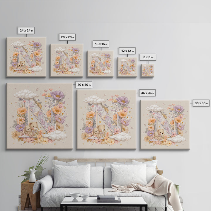 Soft Floral Initial Frame Without Letters Canvas Print, Nursery Decor, Boho Decor, Fine Art, Nursery, Nursery Wall Art, NDE-1x1-82
