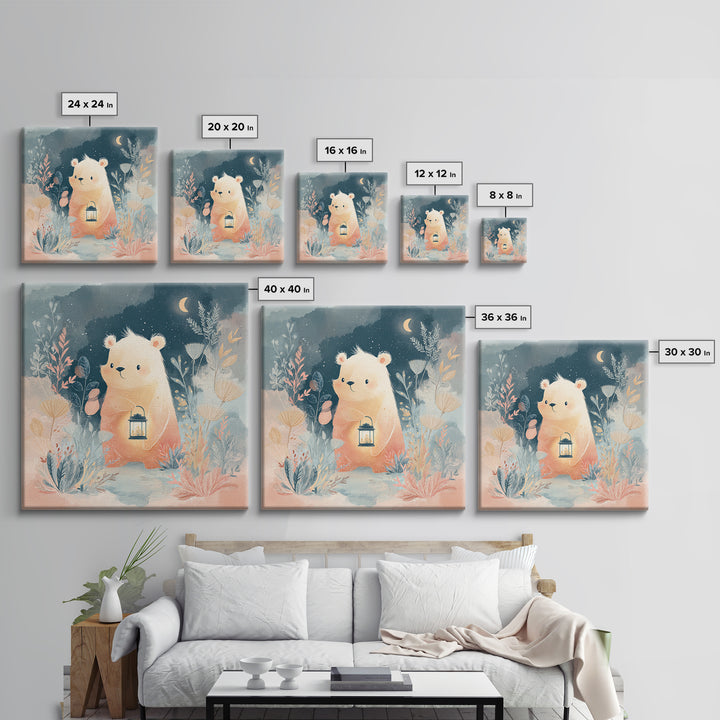 Storybook Bear with Little Lantern Canvas Print, Nursery Decor, Statement Artwork, Fine Art, Nursery, Printable Wall Art, NDE-1x1-9