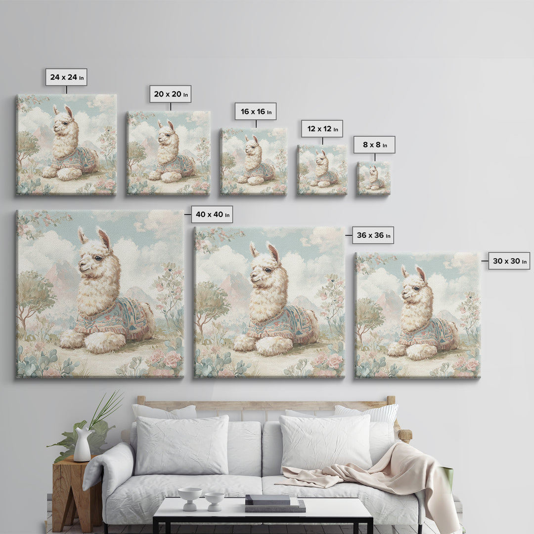 Cute Llama with Blanket Pattern Framed Canvas Print, Nursery Decor, Wall Art, Oil Painting, Nursery, Nursery Wall Decor, NDE-1x1-93