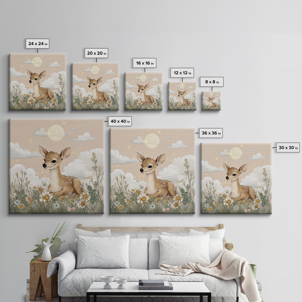Baby Deer in Meadow with Fireflies Canvas Print, Nursery Decor, Modern Decor, Fine Art, Nursery, Wall Decor, Art Print, NDE-1x1-94