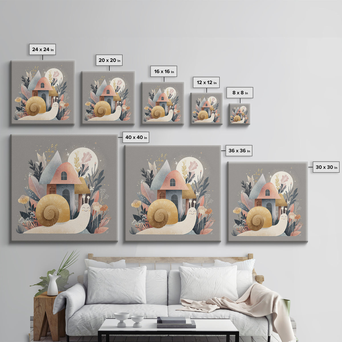 Garden Snail with Mushroom House Canvas Print, Nursery Decor, Fine Art Print, Watercolor Art, Nursery, Printable Wall Art, NDE-1x1-95