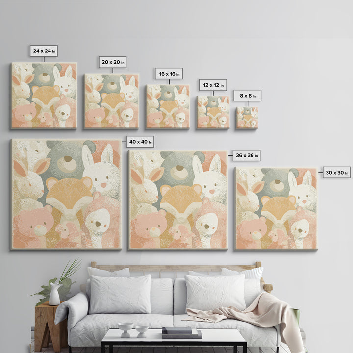 Woodland Animal Parade Canvas Print, Nursery Decor, Textured Painting, Nursery, Bedroom Decor, Wall Decal, Wall Decals, NDE-1x1-98