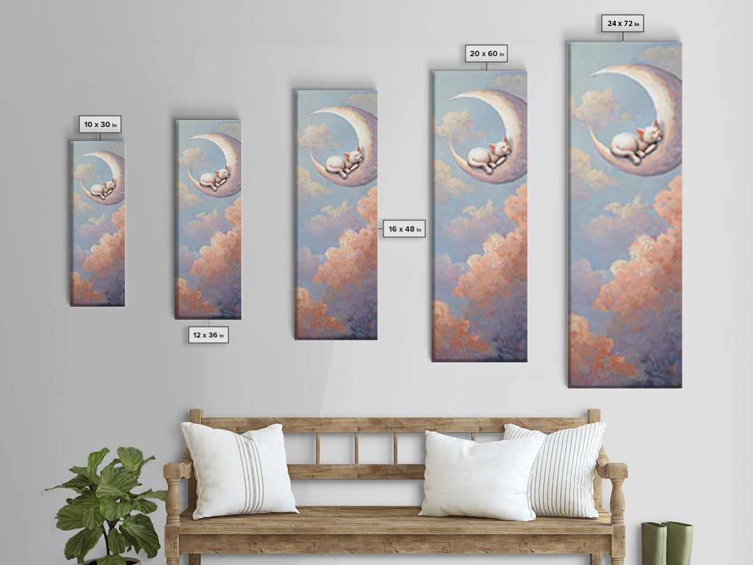 Sleeping Kitten on Crescent Moon Framed Canvas Print, Nursery Decor, Textured Painting, Fine Art, Nursery, Bedroom Decor, NDE-1x3-29