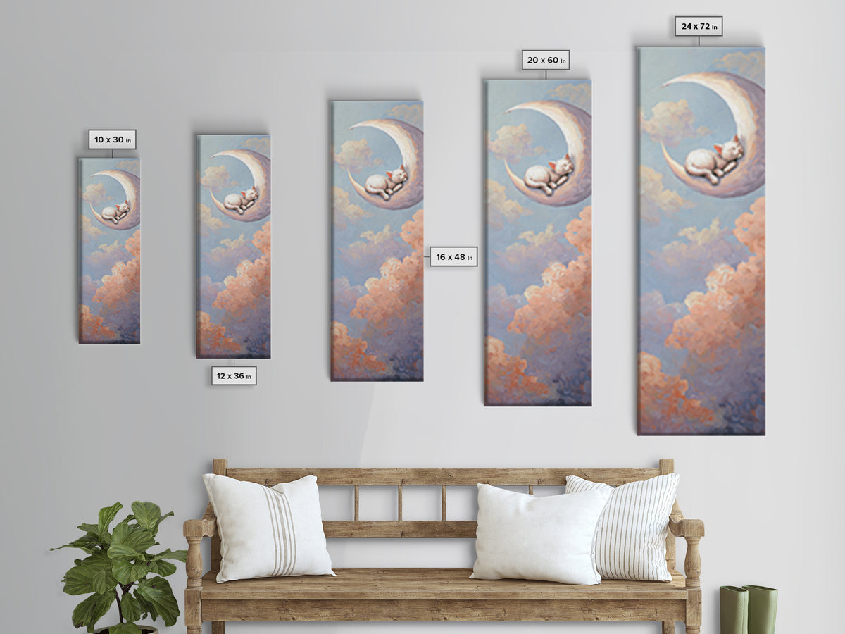 Sleeping Kitten on Crescent Moon Framed Canvas Print, Nursery Decor, Textured Painting, Fine Art, Nursery, Bedroom Decor, NDE-1x3-29