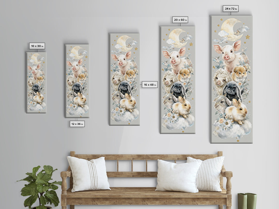 Farm Animals in Soft Watercolor Style Framed Canvas Print, Nursery Decor, Nursery Wall Decal, Oil Painting, Nursery, NDE-1x3-30