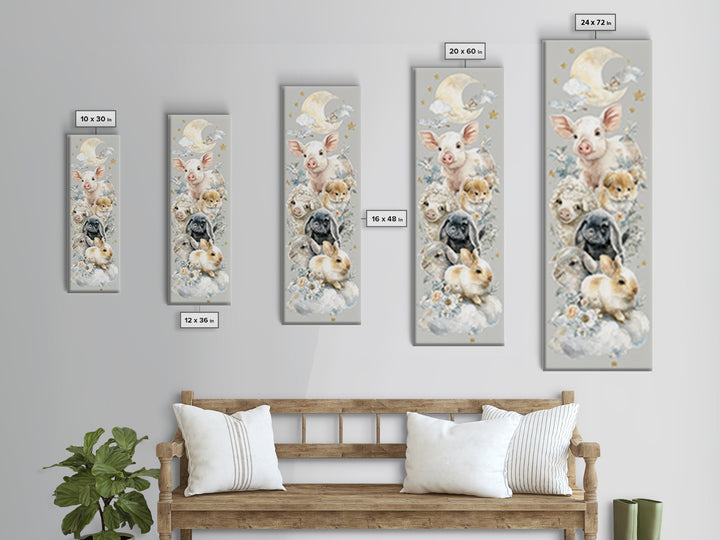 Farm Animals in Soft Watercolor Style Framed Canvas Print, Nursery Decor, Nursery Wall Decal, Oil Painting, Nursery, NDE-1x3-30