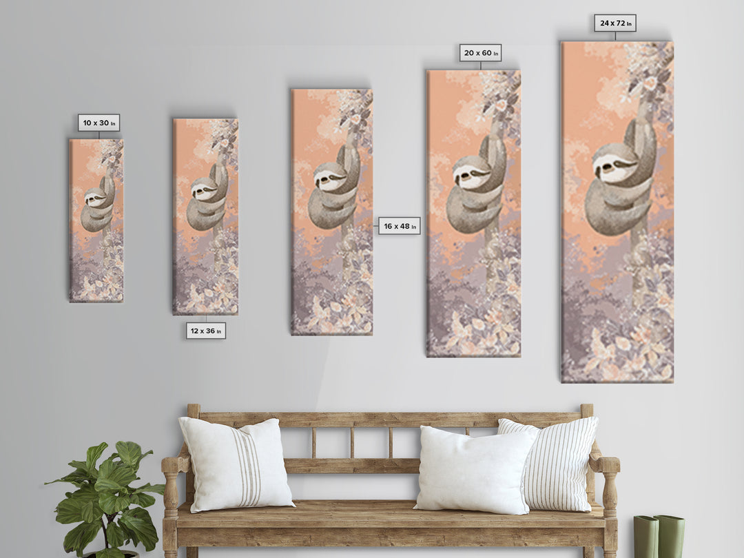 Sleepy Sloth Hanging from Branch Canvas Print, Nursery Decor, Neutral Decor, Oil Painting, Nursery, Home Decor, Wall Decor, NDE-1x3-42