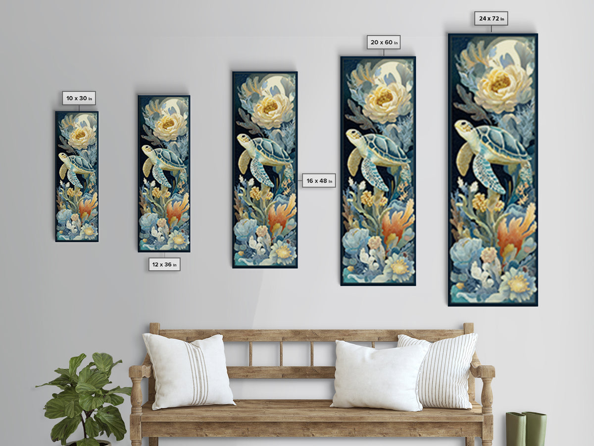 Tiny Turtle with Sea Plants Canvas Print, Nursery Decor, Floral Wallpaper, Oil Painting, Nursery, Fine Art Print, NDE-1x3-55