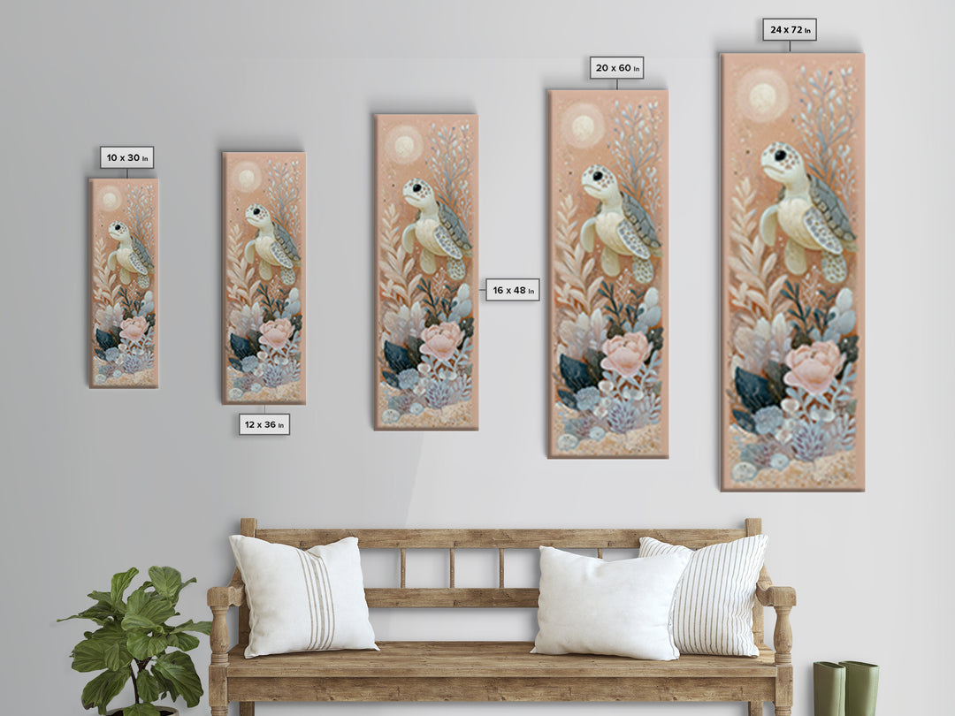 Tiny Turtle with Sea Plants Framed Canvas Print, Nursery Decor, Nursery Wall Decals, Fine Art, Nursery, Textured Painting, NDE-1x3-79