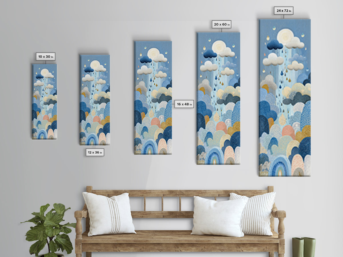 Cloud Rainbow and Raindrop Composition Framed Canvas Print, Nursery Decor, Wall Light, Fine Art, Nursery, Statement Artwork, NDE-1x3-80