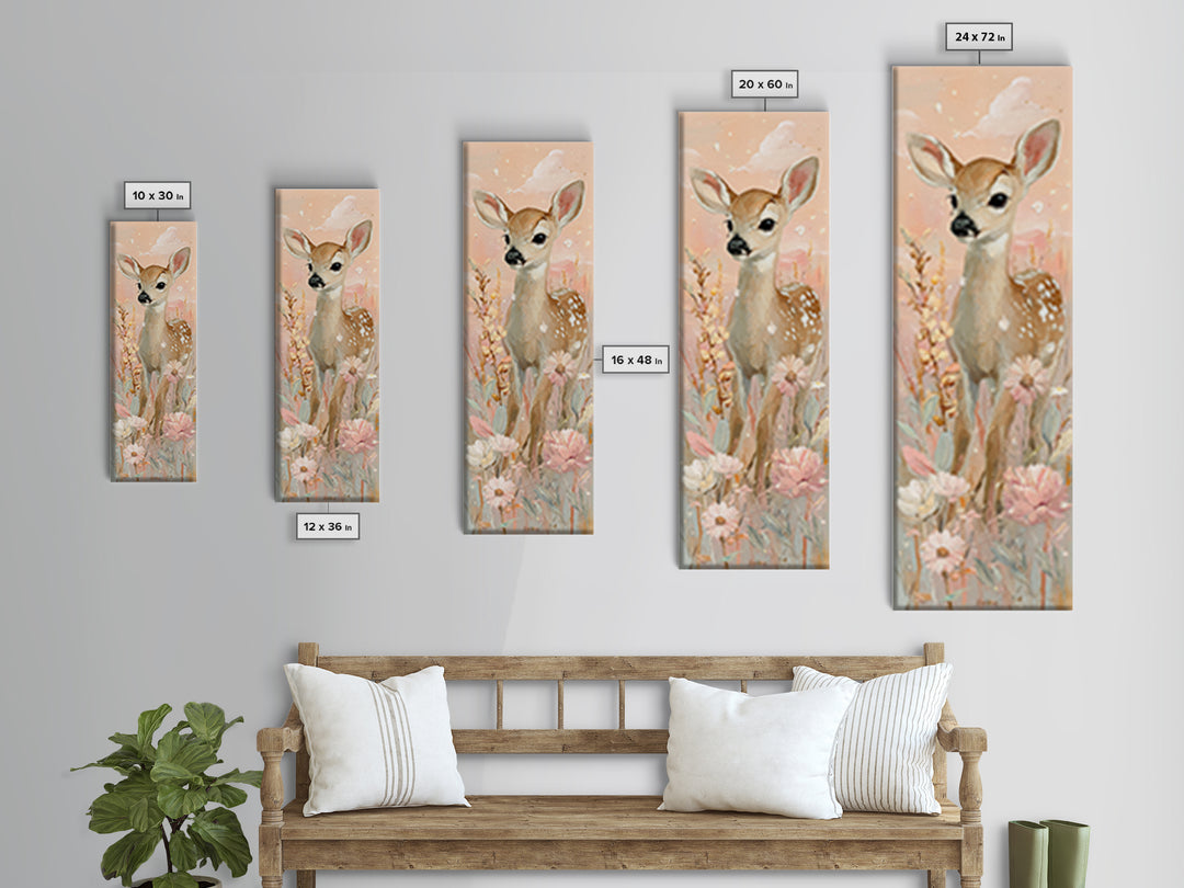 Baby Deer in Meadow with Fireflies Canvas Print, Nursery Decor, Boho Decor, Nursery, Nursery Wall Art, Framed Wall Art, NDE-1x3-82
