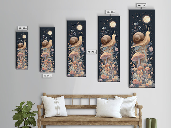 Garden Snail with Mushroom House Framed Canvas Print, Nursery Decor, Woodland Nursery, Watercolor Art, Nursery, NDE-1x3-83