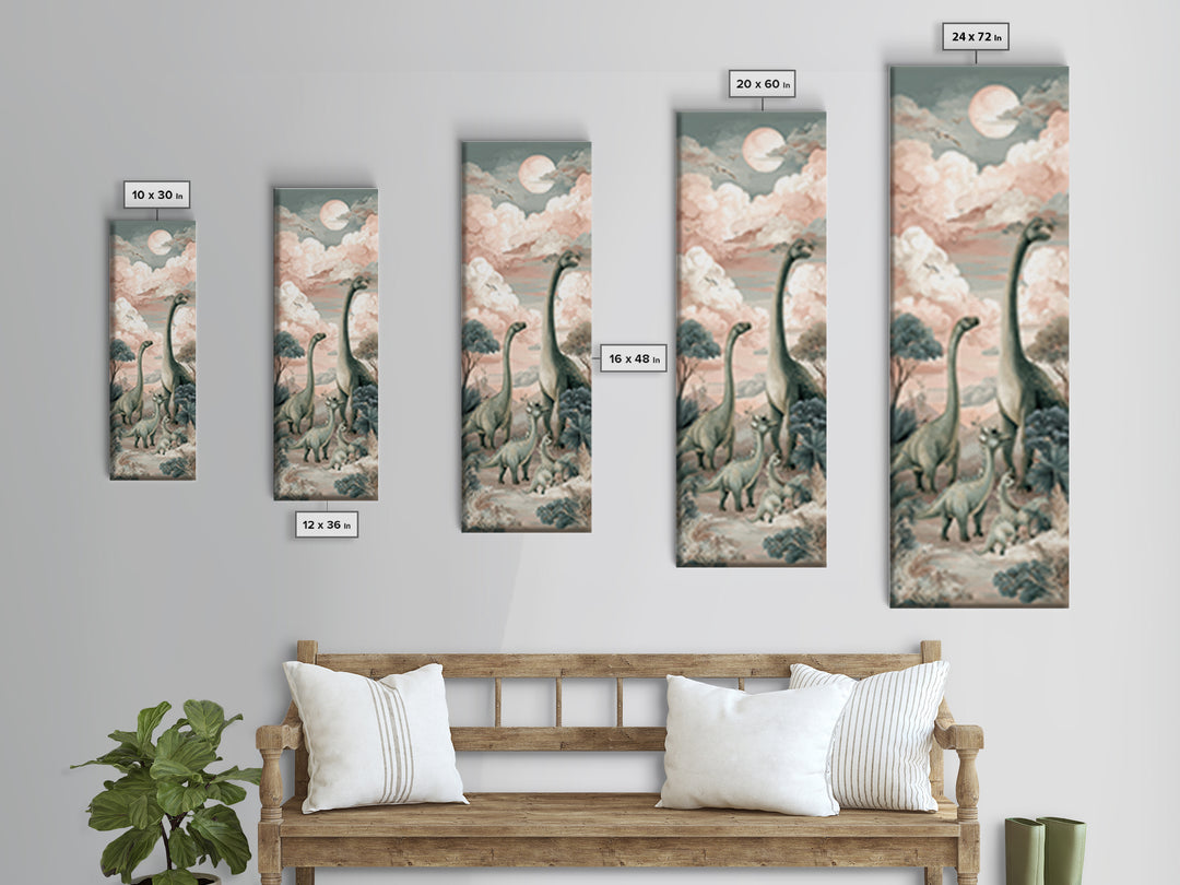 Gentle Dinosaur Family Framed Canvas Print, Nursery Decor, Boho Decor, Oil Painting, Nursery, Nursery Wall Art, Framed Wall Art, NDE-1x3-91