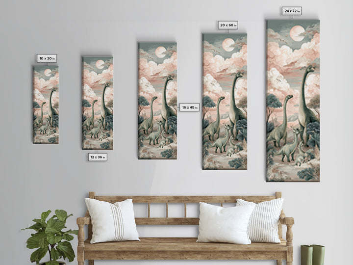Gentle Dinosaur Family Framed Canvas Print, Nursery Decor, Boho Decor, Oil Painting, Nursery, Nursery Wall Art, Framed Wall Art, NDE-1x3-91