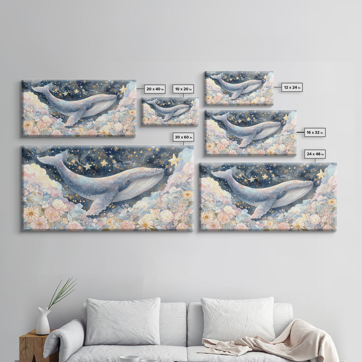 Baby Whale Swimming Through Stars Framed Canvas Print, Nursery Decor, Wall Light, Fine Art, Nursery, Statement Artwork, NDE-2x1-100