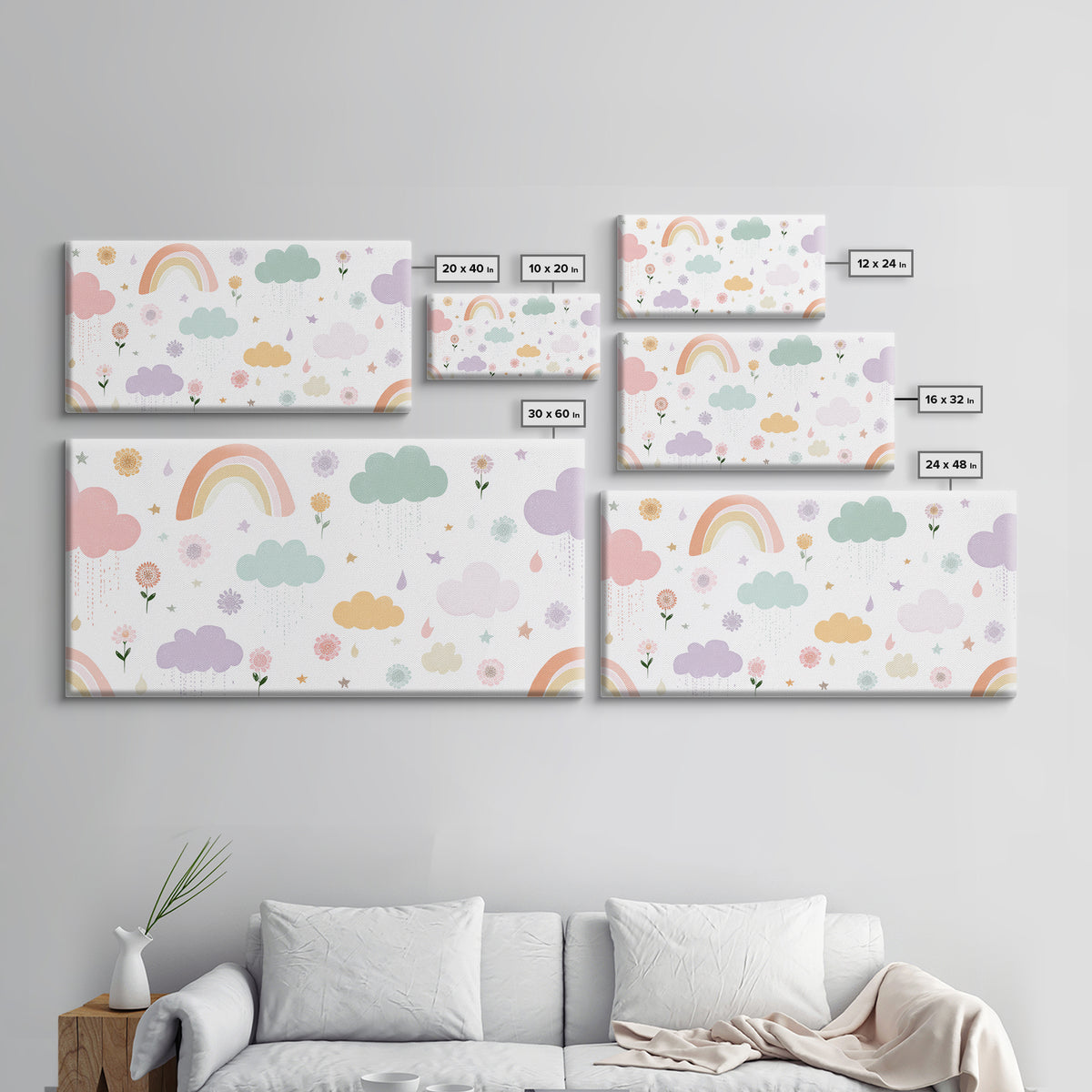 Cloud Rainbow and Raindrop Composition Framed Canvas Print, Nursery Decor, Fine Art Print, Fine Art, Nursery, NDE-2x1-16