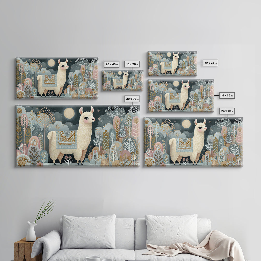 Cute Llama with Blanket Pattern Canvas Print, Nursery Decor, Nursery, Floral Wall Art, Botanical Wall Art, Floral Wallpaper, NDE-2x1-17