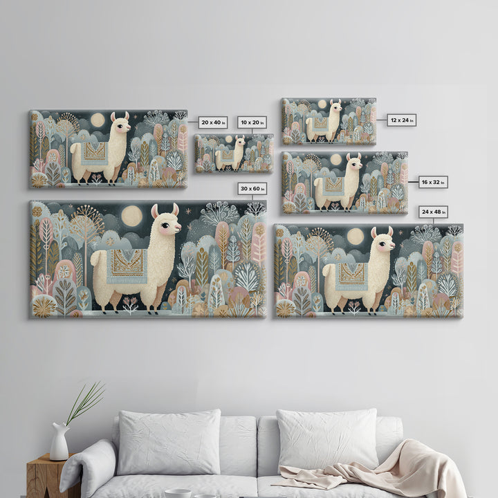 Cute Llama with Blanket Pattern Canvas Print, Nursery Decor, Nursery, Floral Wall Art, Botanical Wall Art, Floral Wallpaper, NDE-2x1-17
