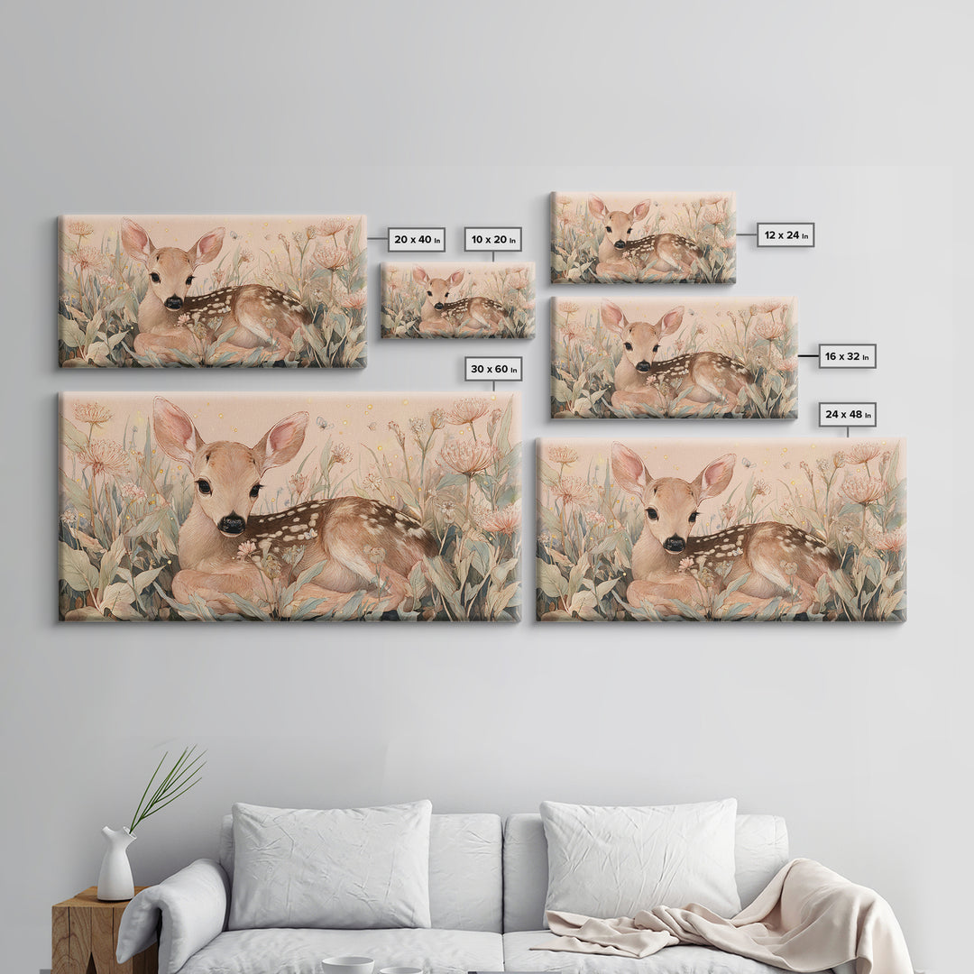 Baby Deer in Meadow with Fireflies Framed Canvas Print, Nursery Decor, Room Decor, Fine Art, Nursery, Framed Wall Art, NDE-2x1-18