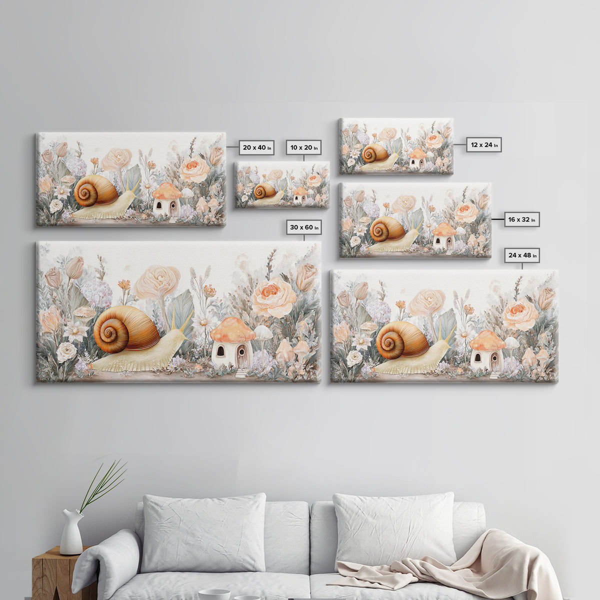 Garden Snail with Mushroom House Framed Canvas Print, Nursery Decor, Woodland Nursery, Watercolor Art, Nursery, NDE-2x1-19