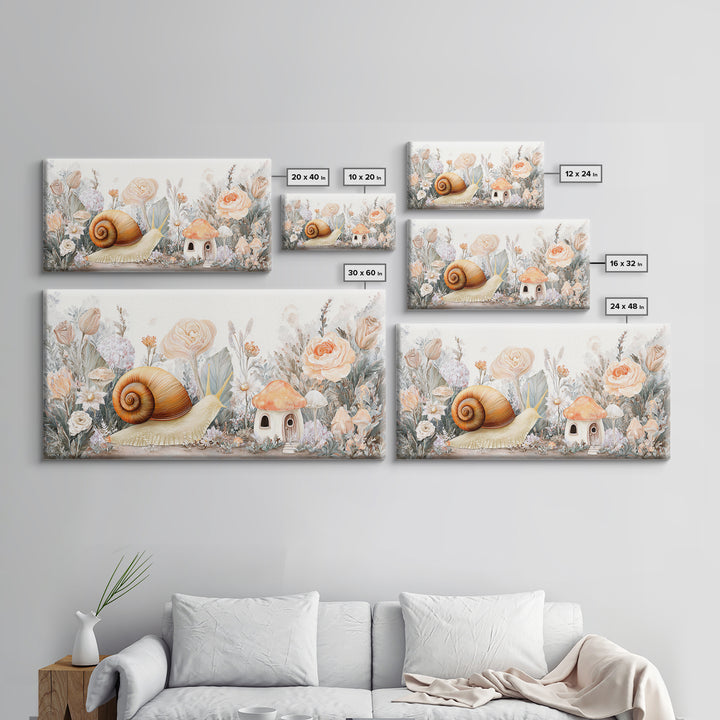 Garden Snail with Mushroom House Framed Canvas Print, Nursery Decor, Woodland Nursery, Watercolor Art, Nursery, NDE-2x1-19