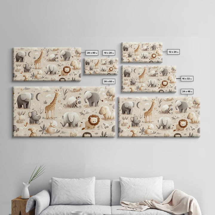 Cute Safari Animals Framed Canvas Print, Nursery Decor, Minimalist Decor, Fine Art, Nursery, Wall Decals, Nursery Wall Decor, NDE-2x1-24