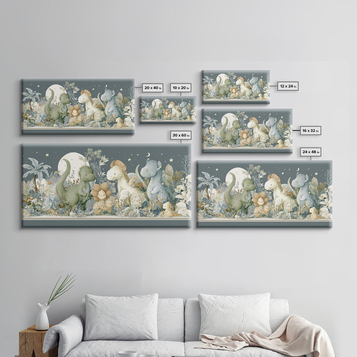 Gentle Dinosaur Family Framed Canvas Print, Nursery Decor, Boho Decor, Oil Painting, Nursery, Nursery Wall Art, Framed Wall Art, NDE-2x1-27