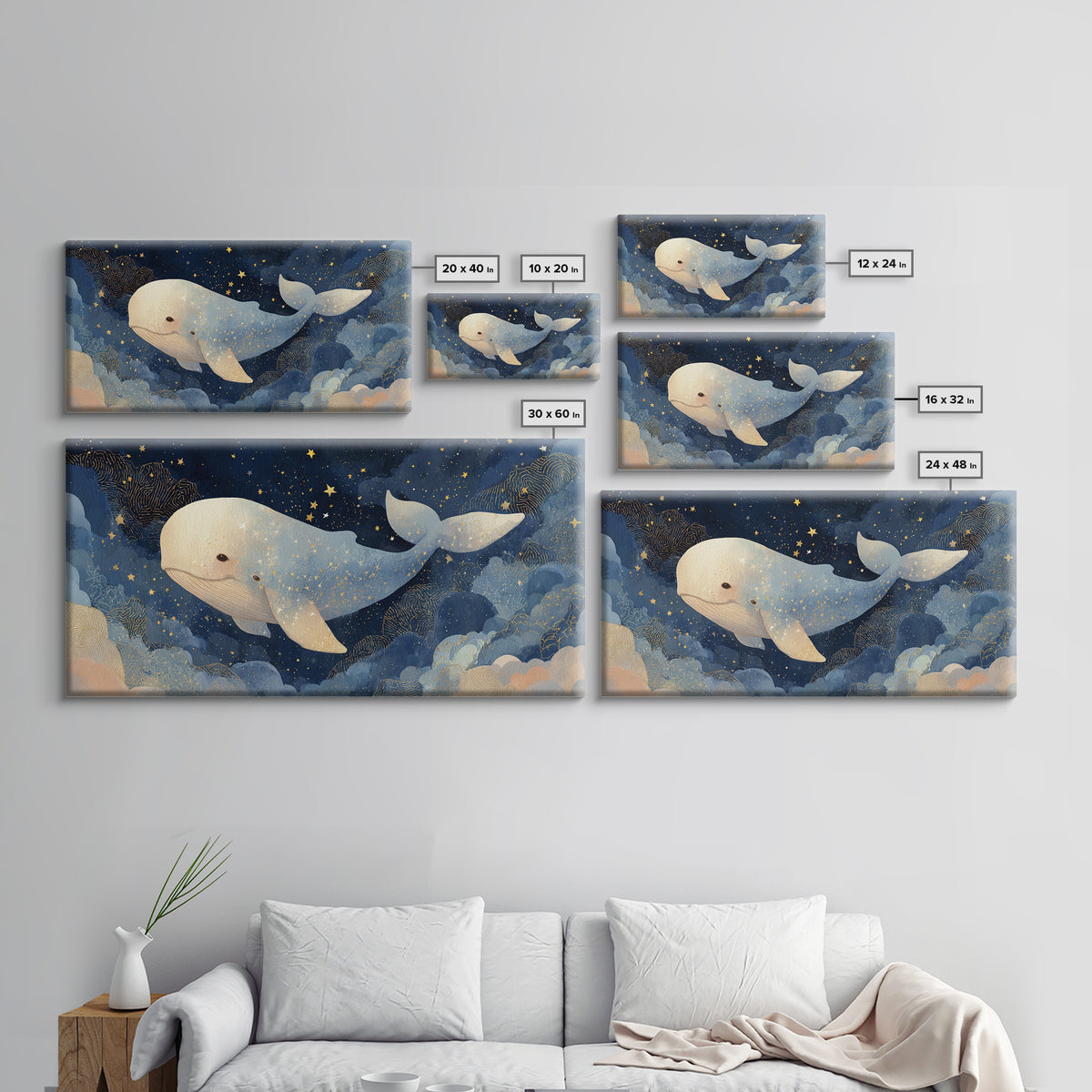 Baby Whale Swimming Through Stars Framed Canvas Print, Nursery Decor, Contemporary Art, Fine Art, Nursery, Wall Decals, NDE-2x1-28