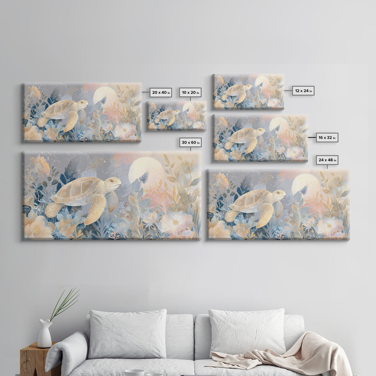 Tiny Turtle with Sea Plants Canvas Print, Nursery Decor, Nursery Wall Art, Oil Painting, Nursery, Botanical Wall Art, NDE-2x1-39