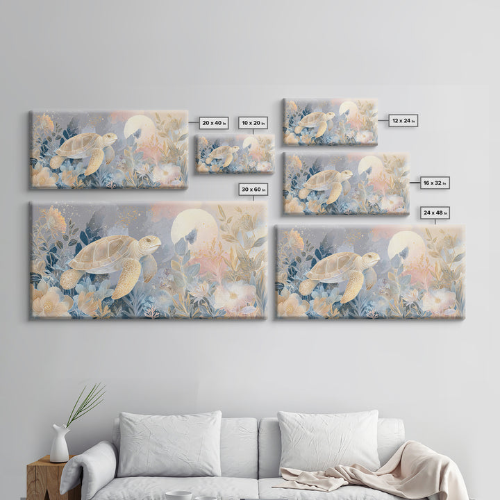 Tiny Turtle with Sea Plants Canvas Print, Nursery Decor, Nursery Wall Art, Oil Painting, Nursery, Botanical Wall Art, NDE-2x1-39