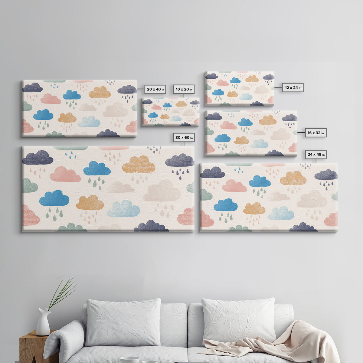 Cloud Rainbow and Raindrop Composition Framed Canvas Print, Nursery Decor, Wall Decor, Nursery, Woodland Nursery Decor, NDE-2x1-40