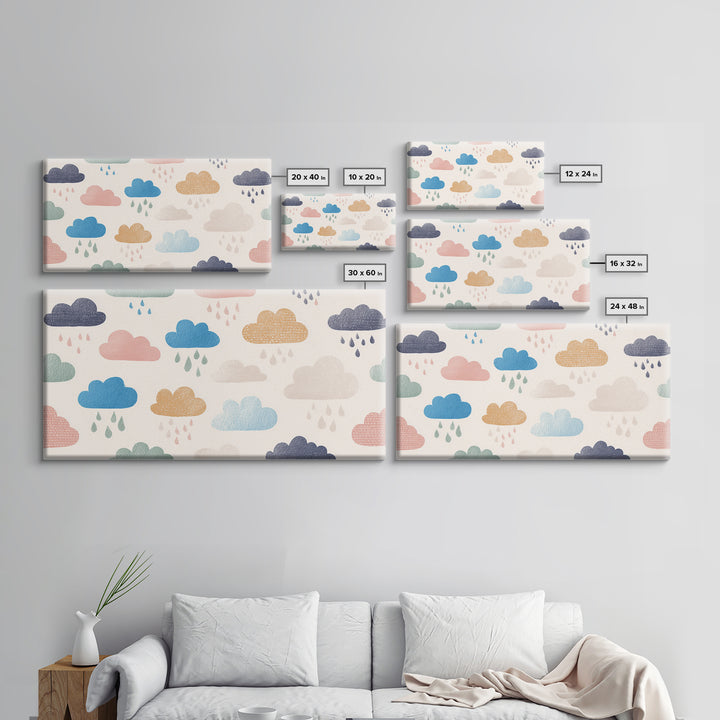 Cloud Rainbow and Raindrop Composition Framed Canvas Print, Nursery Decor, Wall Decor, Nursery, Woodland Nursery Decor, NDE-2x1-40