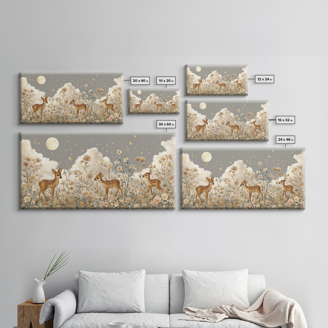 Baby Deer in Meadow with Fireflies Framed Canvas Print, Nursery Decor, Room Decor, Fine Art, Nursery, Framed Wall Art, NDE-2x1-42