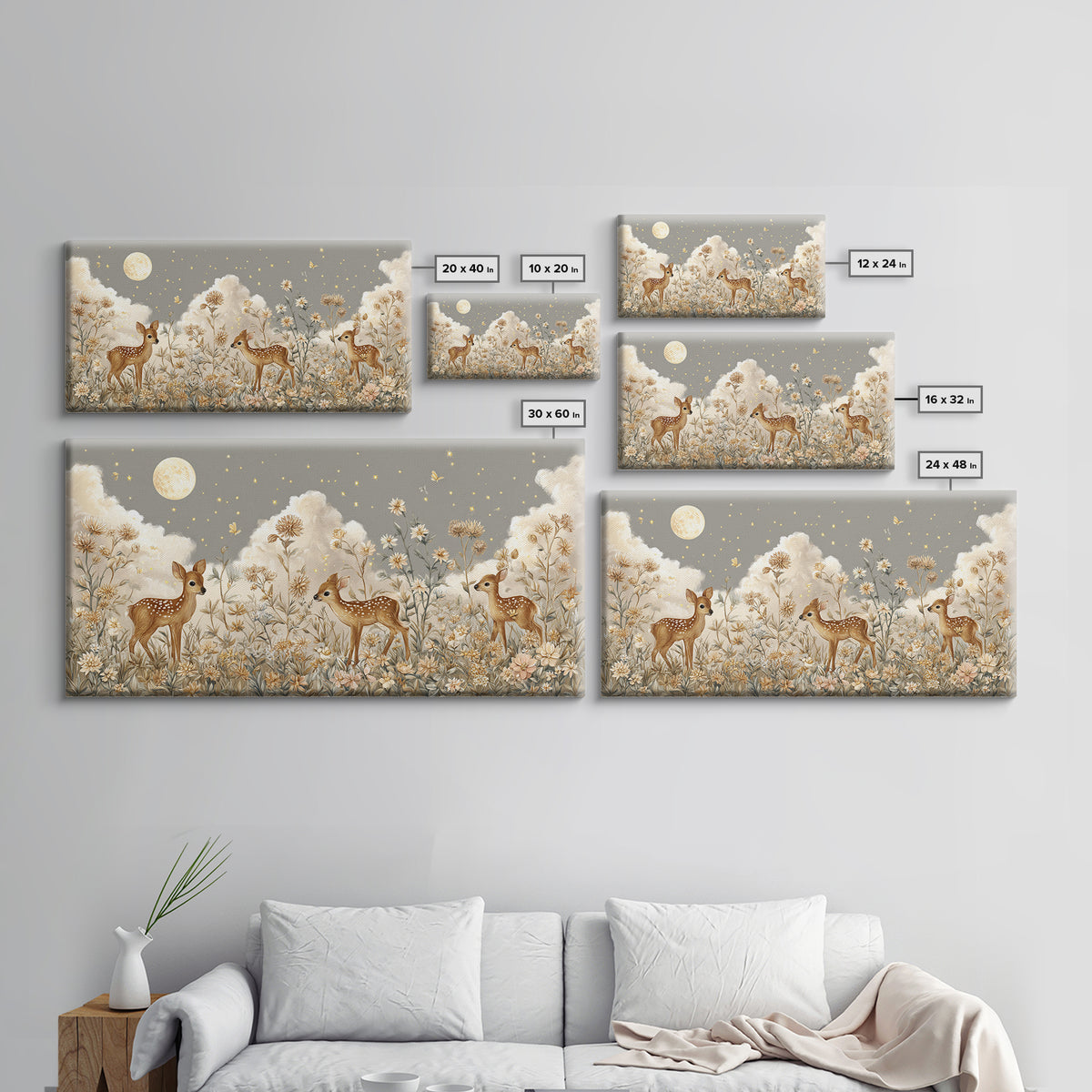 Baby Deer in Meadow with Fireflies Framed Canvas Print, Nursery Decor, Room Decor, Fine Art, Nursery, Framed Wall Art, NDE-2x1-42