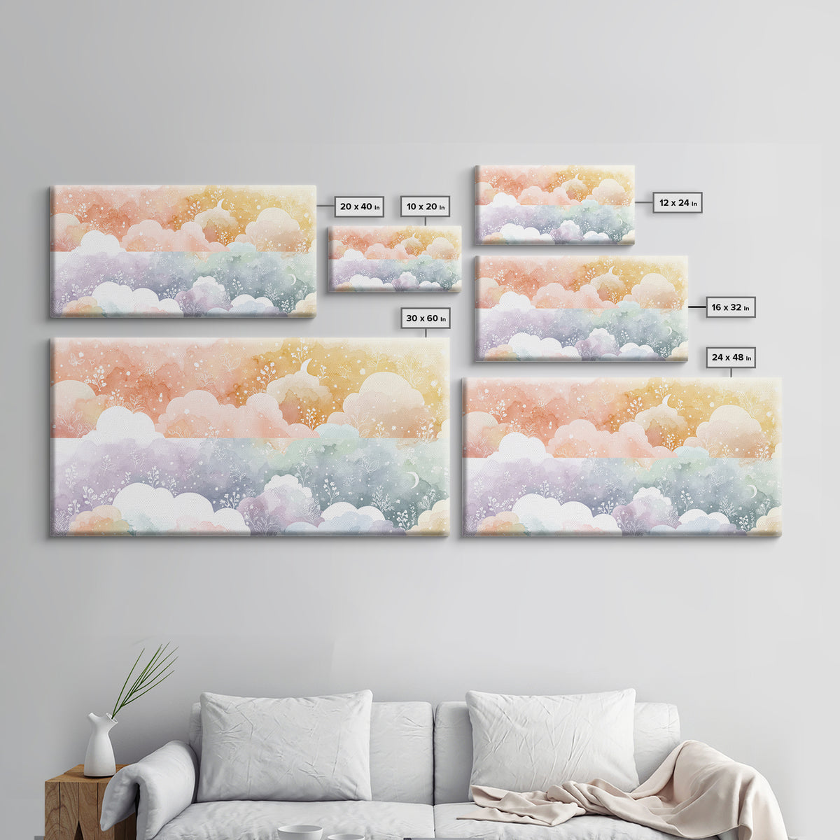 Pastel Rainbow with Soft Cloud Shapes Framed Canvas Print, Nursery Decor, Nursery Wall Decor, Nursery, Nursery Name Sign, NDE-2x1-45