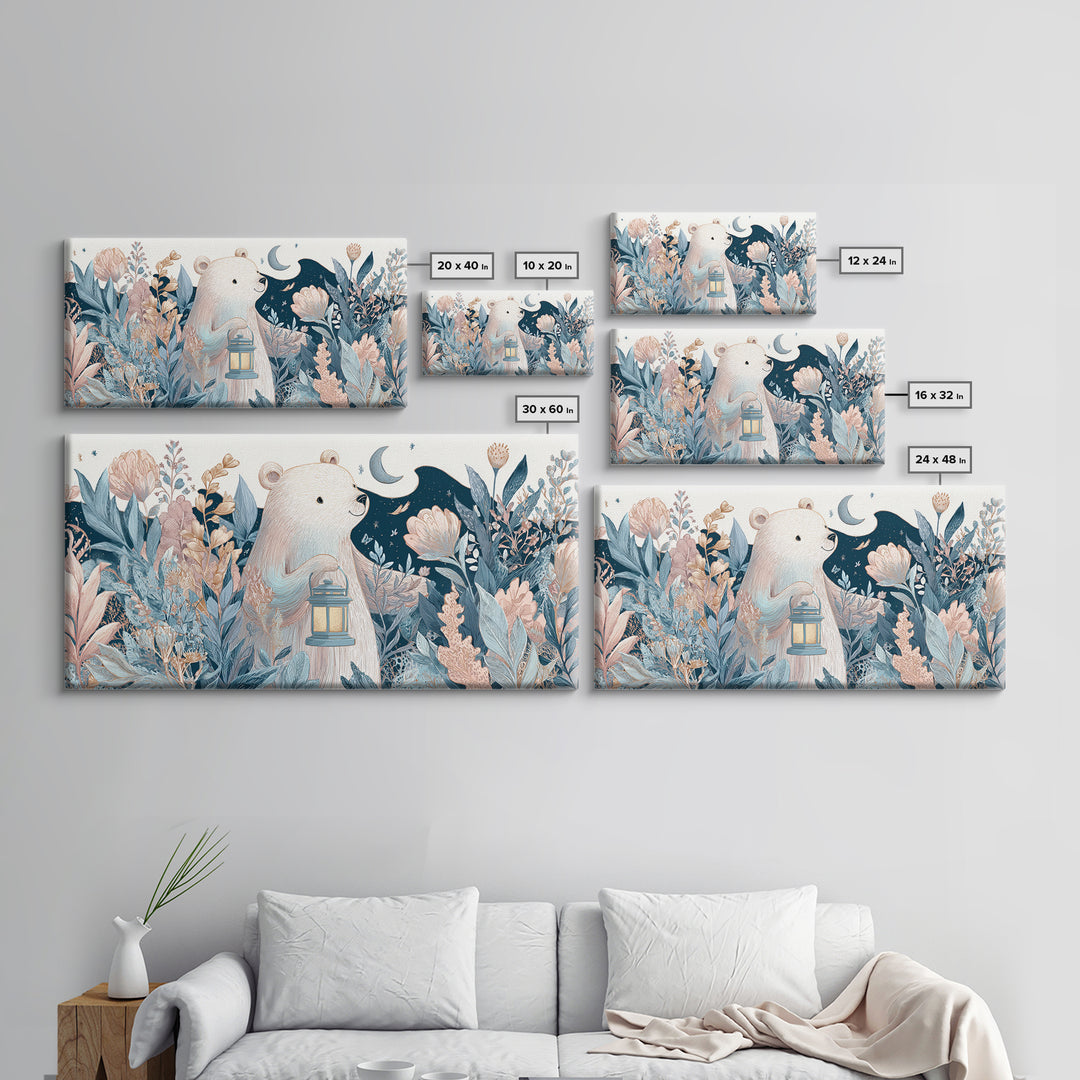 Storybook Bear with Little Lantern Canvas Print, Nursery Decor, Wall, Oil Painting, Nursery, Nursery Wall Decals, NDE-2x1-53