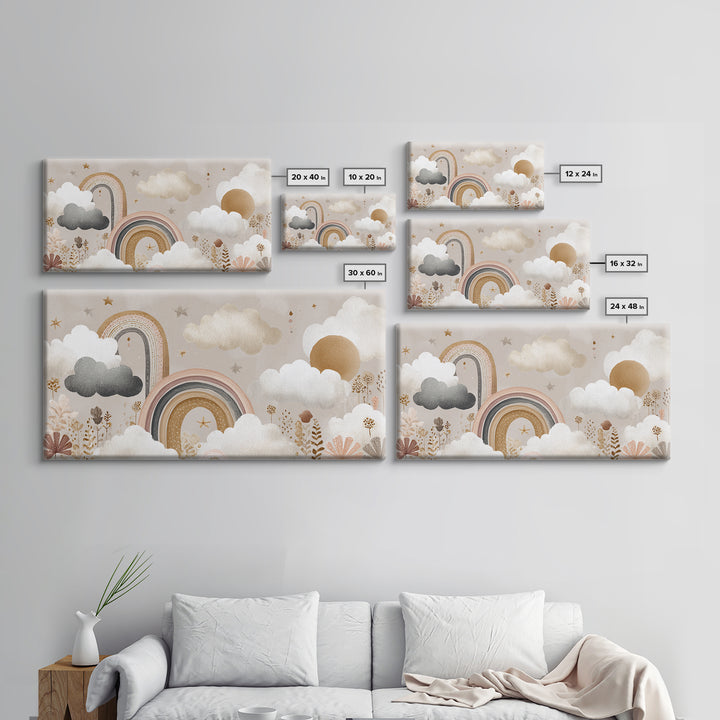 Cloud Rainbow and Raindrop Composition Canvas Print, Nursery Decor, Framed Wall Art, Fine Art, Nursery, Safari Nursery Decor, NDE-2x1-64