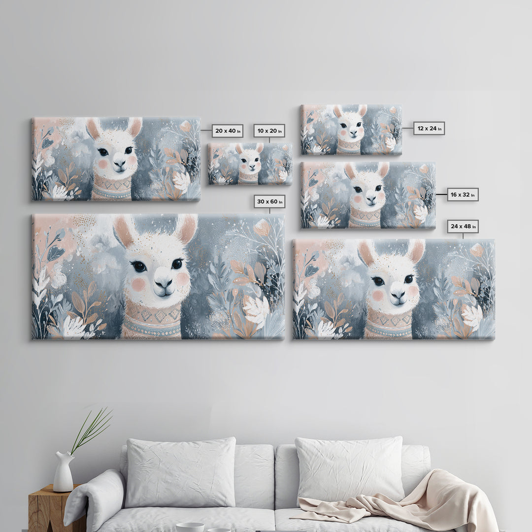 Cute Llama with Blanket Pattern Framed Canvas Print, Nursery Decor, Wall Decals, Abstract Art, Nursery, Girl Nursery Decor, NDE-2x1-65
