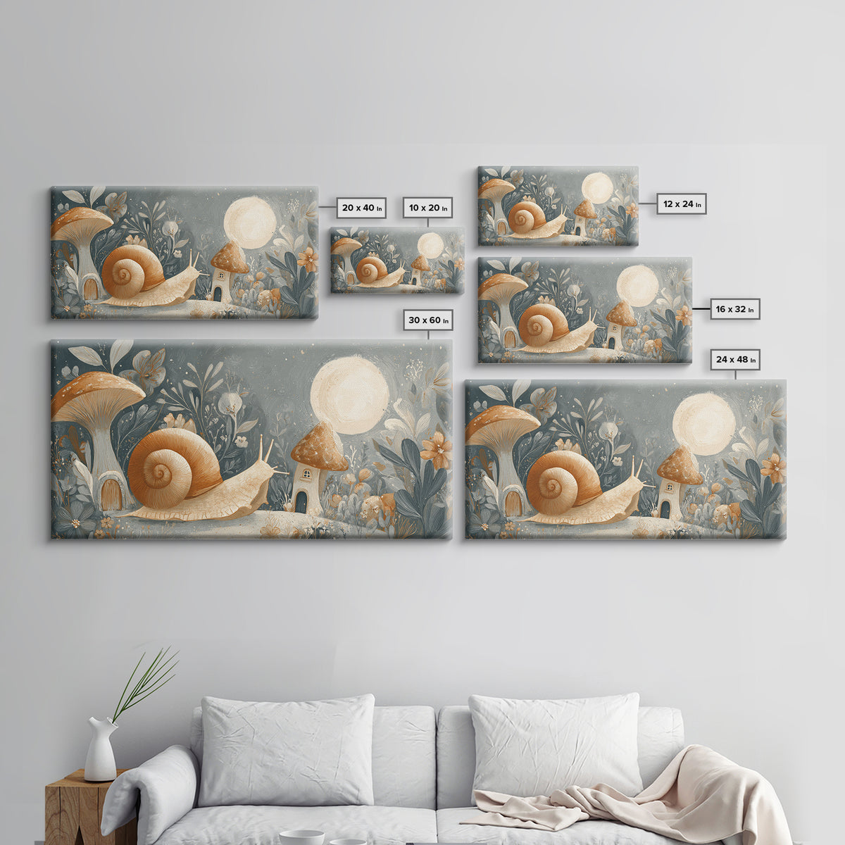 Garden Snail with Mushroom House Framed Canvas Print, Nursery Decor, Gallery Decor, Fine Art, Nursery, Wall Art, Home Decor, NDE-2x1-67