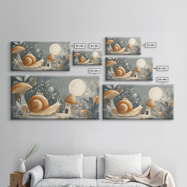 Garden Snail with Mushroom House Framed Canvas Print, Nursery Decor, Gallery Decor, Fine Art, Nursery, Wall Art, Home Decor, NDE-2x1-67