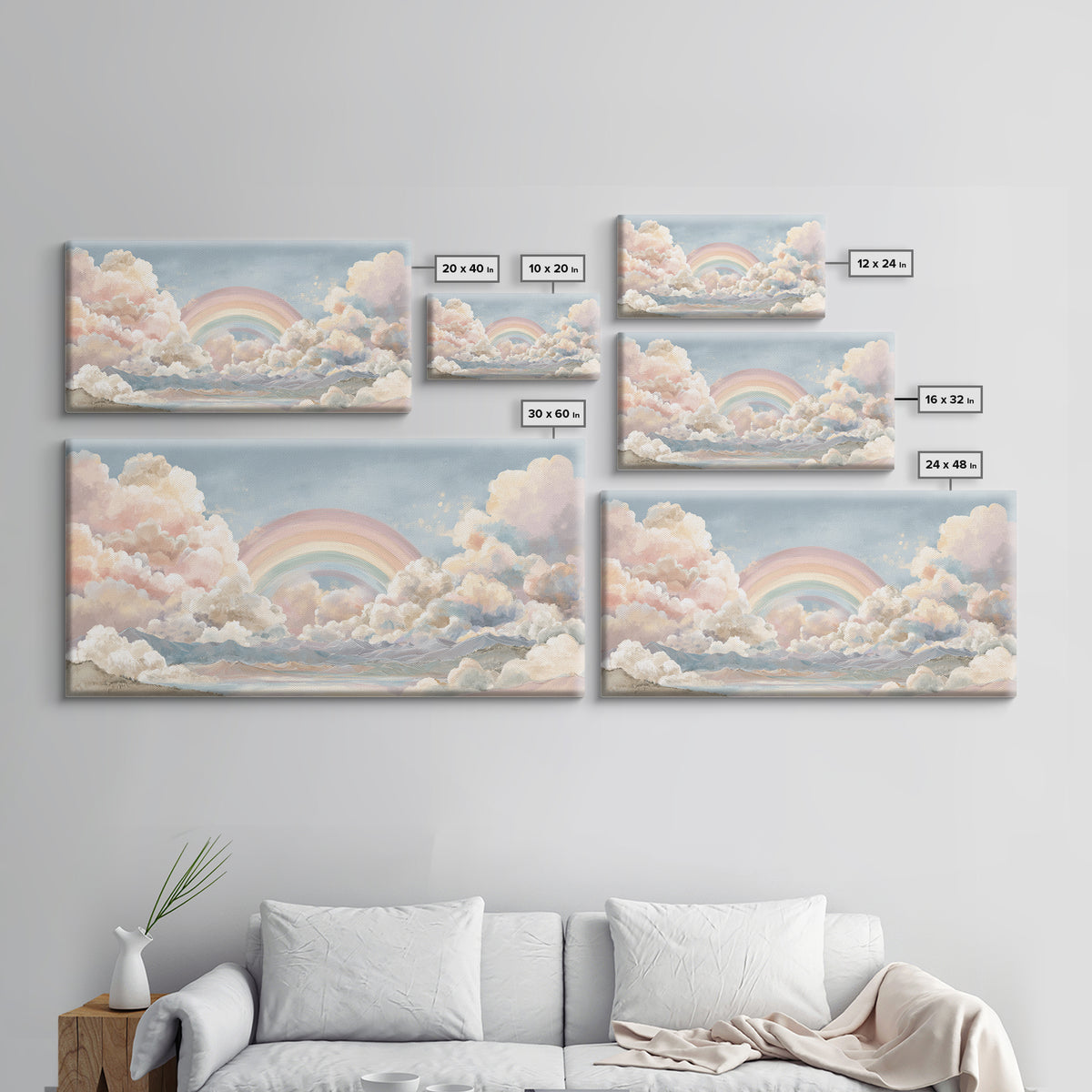 Pastel Rainbow with Soft Cloud Shapes Canvas Print, Nursery Decor, Floral Wall Art, Abstract Art, Nursery, Gallery Decor, NDE-2x1-69